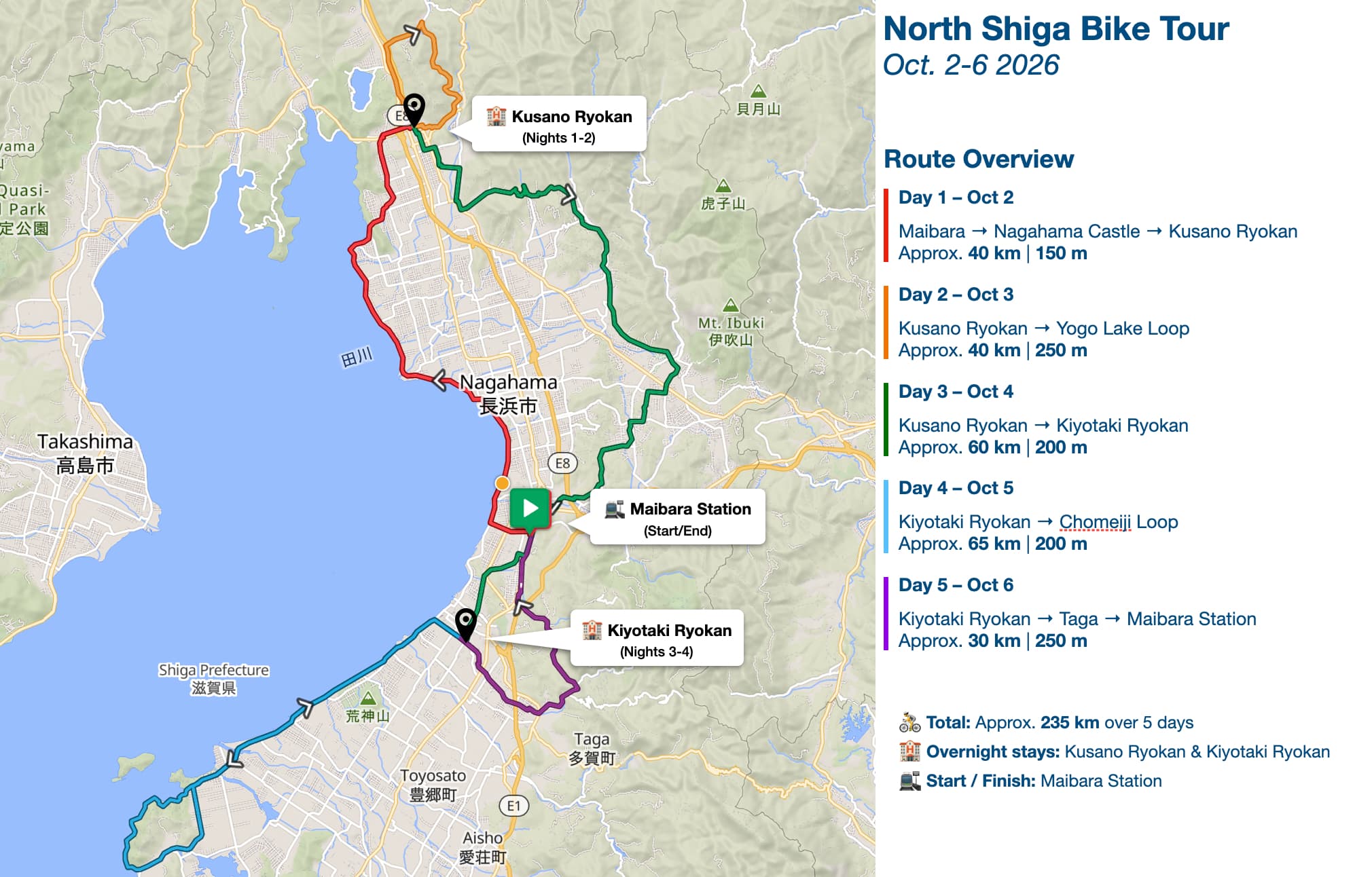 Five-day Lake Biwa and North Shiga cycling route map